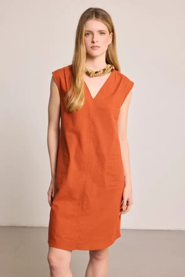 V Yakalı Pamuk Keten Elbise - Kiremit - Gusto