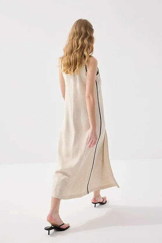 V Yakalı Uzun Keten Elbise - Bej - 6