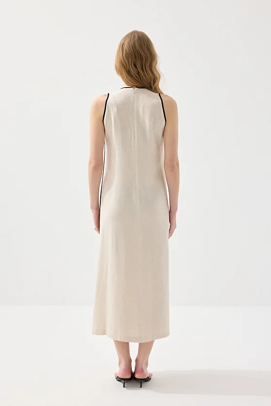 V Yakalı Uzun Keten Elbise - Bej - Gusto