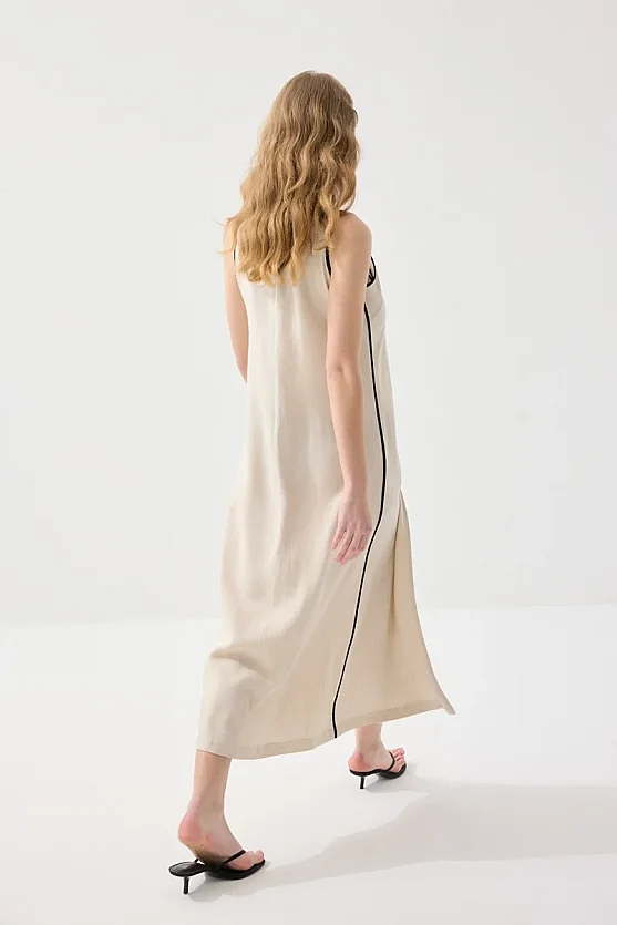 V Yakalı Uzun Keten Elbise - Bej - Gusto