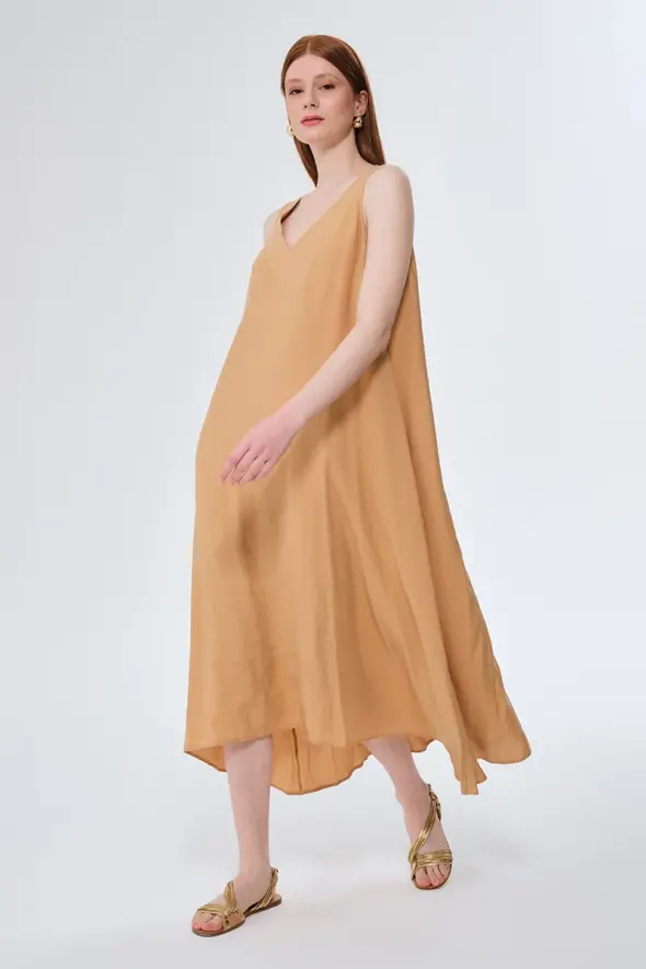 V Yakalı Uzun Rahat Kesim Elbise - Safran - 2