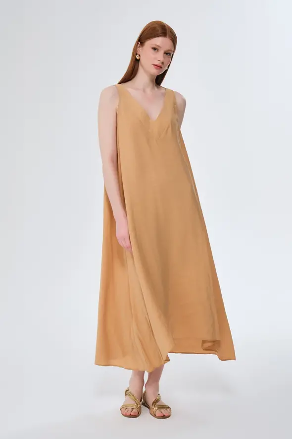 V Yakalı Uzun Rahat Kesim Elbise - Safran - 1