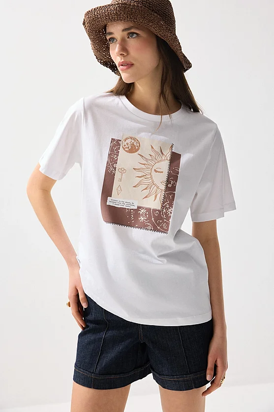 Varak Baskılı Pamuk T-Shirt Beyaz - Gusto