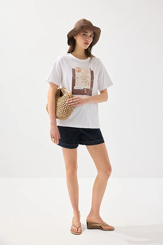 Varak Baskılı Pamuk T-Shirt - Beyaz - 2