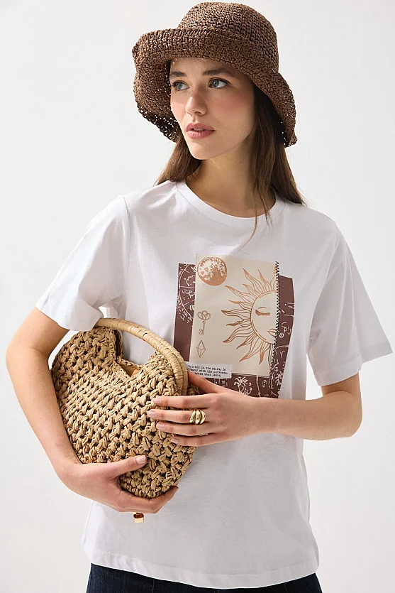 Varak Baskılı Pamuk T-Shirt - Beyaz - 3