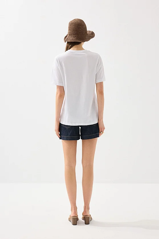 Varak Baskılı Pamuk T-Shirt - Beyaz - 7