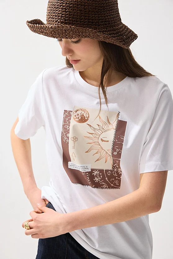 Varak Baskılı Pamuk Tshirt - Beyaz - Gusto