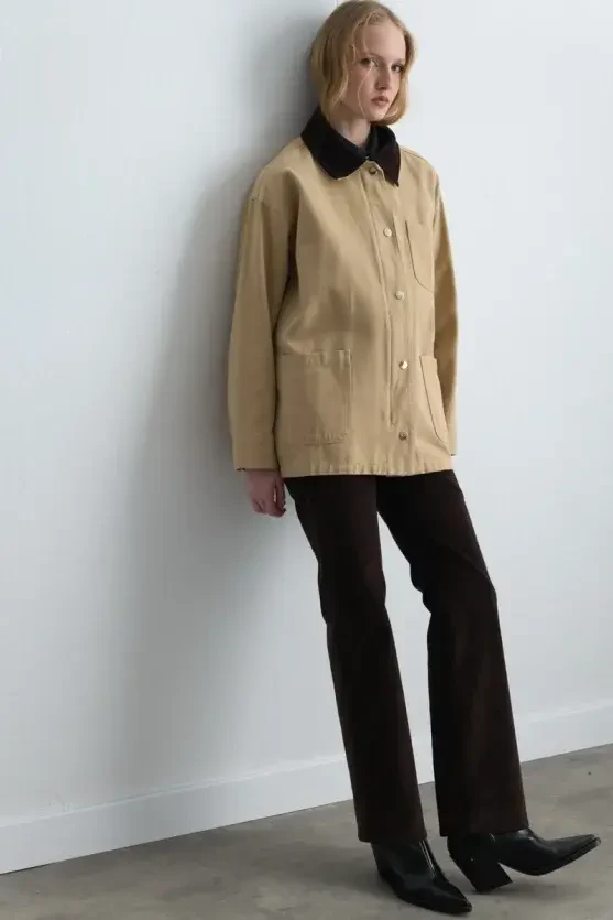 Velvet Collared Relaxed Fit Canvas Jacket - Beige - Gusto