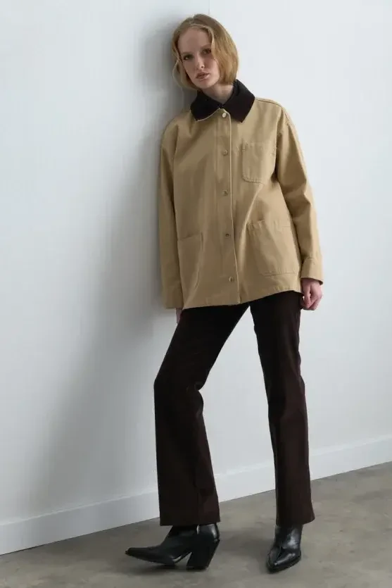 Velvet Collared Relaxed Fit Canvas Jacket - Beige - Gusto