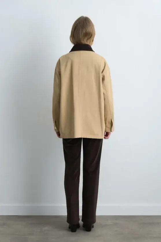 Velvet Collared Relaxed Fit Canvas Jacket - Beige - 8