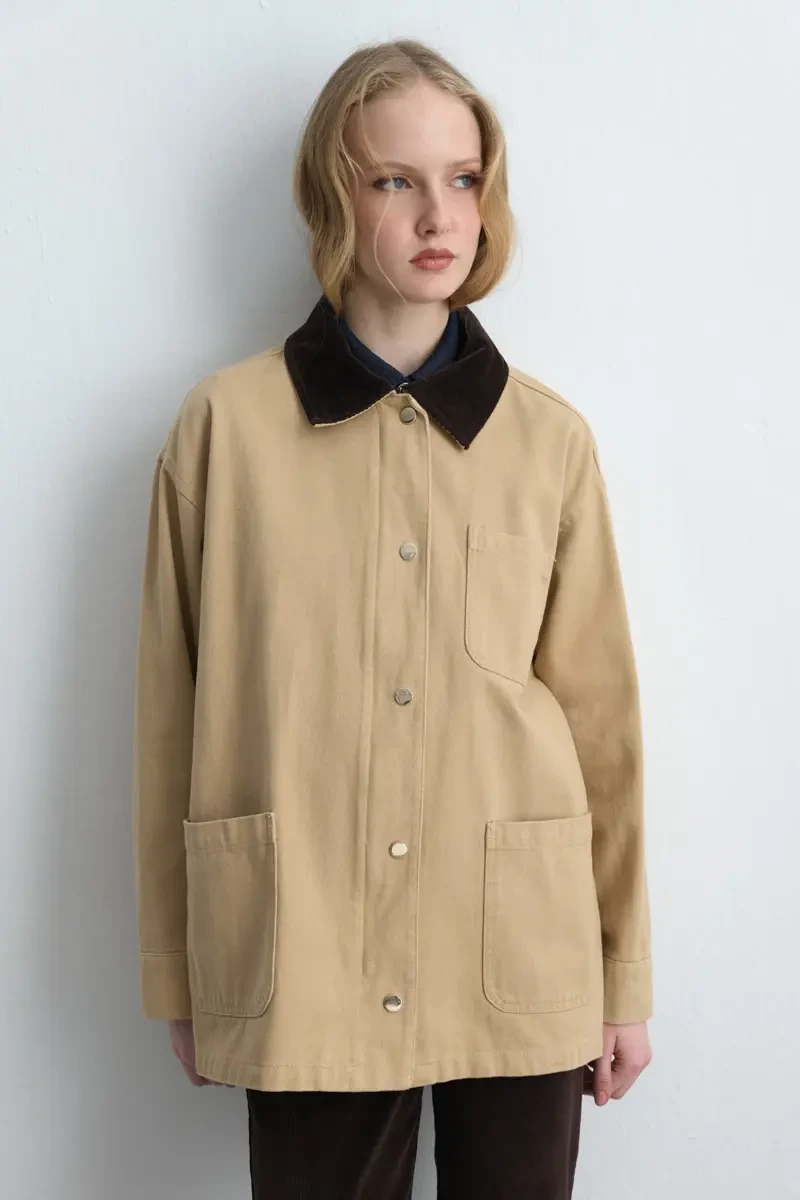 Velvet Collared Relaxed Fit Canvas Jacket - Beige - 1