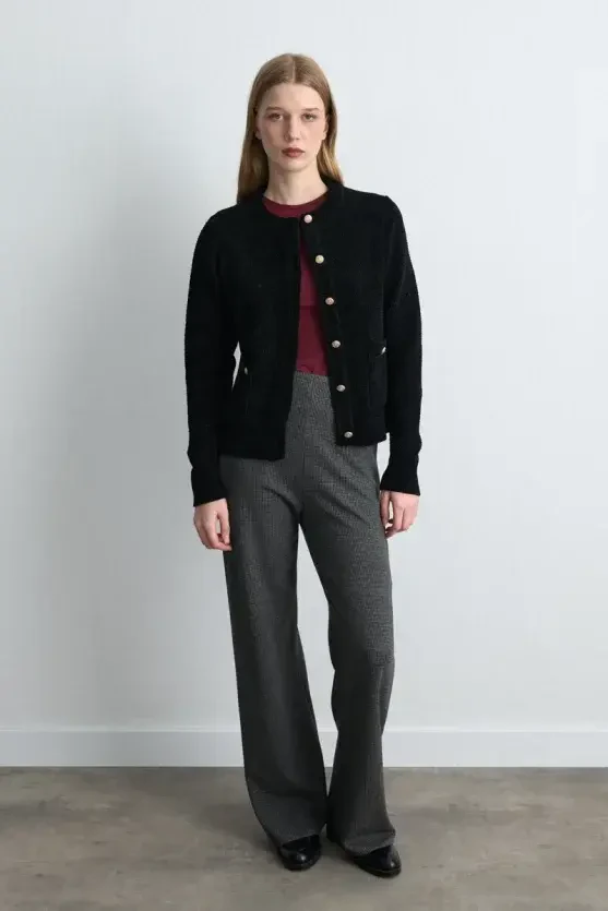 Velvet Textured Knit Jacket - Black - 4