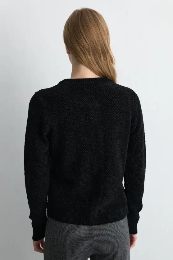 Velvet Textured Knit Jacket - Black - Gusto