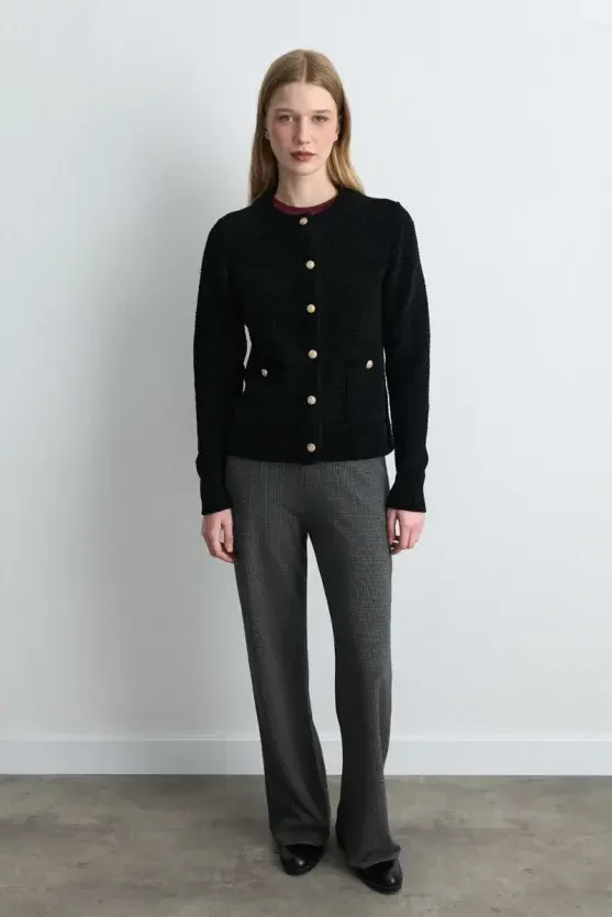 Velvet Textured Knit Jacket - Black - 1
