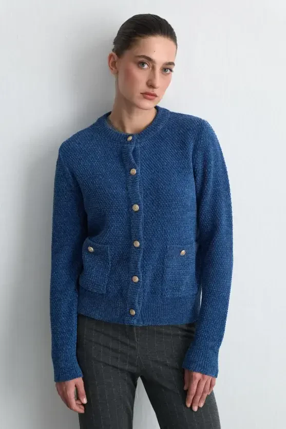 Velvet Textured Knit Jacket - Blue - 2