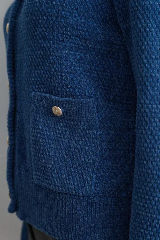 Velvet Textured Knit Jacket - Blue - 3