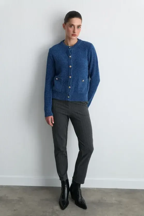 Velvet Textured Knit Jacket - Blue - Gusto