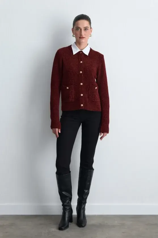 Velvet Textured Knit Jacket - Burgundy - 4
