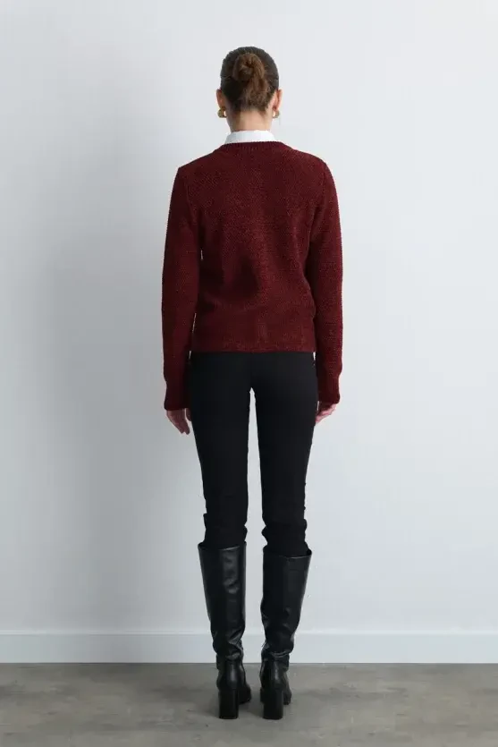 Velvet Textured Knit Jacket - Burgundy - Gusto