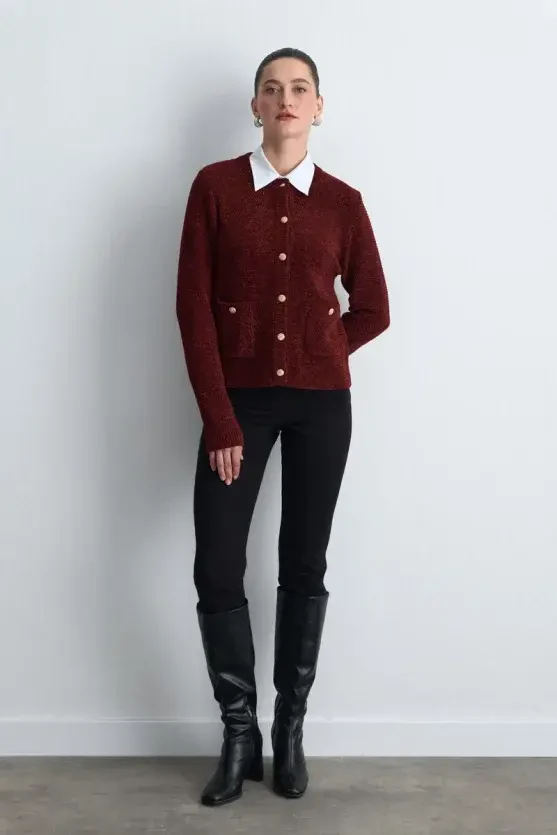 Velvet Textured Knit Jacket - Burgundy - 1