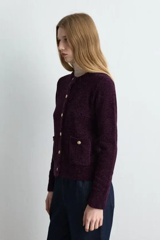 Velvet Textured Knit Jacket - Plum - 3