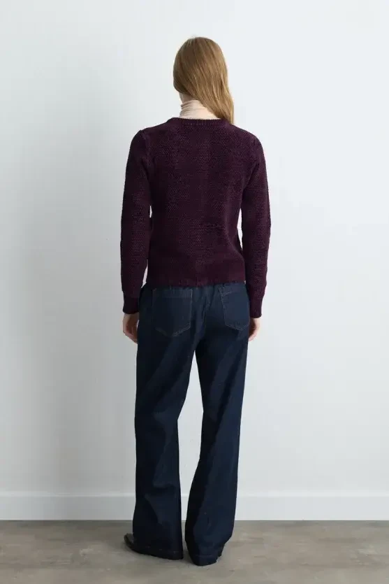 Velvet Textured Knit Jacket - Plum - 5