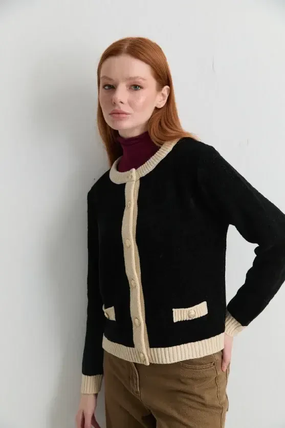 Velvet-Textured Trimmed Knit Cardigan - Black - 2