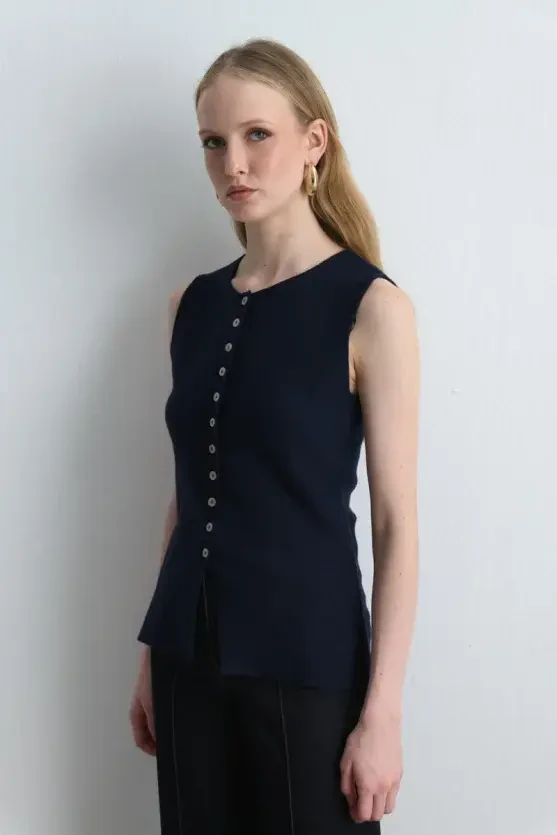 Viscose Knit Vest - Navy Blue - 1