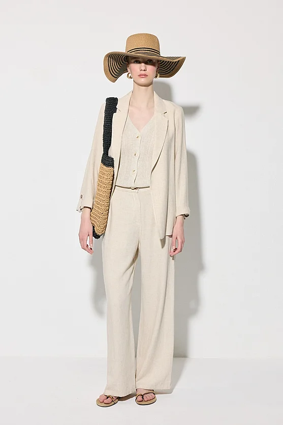 Viskon Keten Rahat Kesim Astarsız Ceket - Bej - Gusto