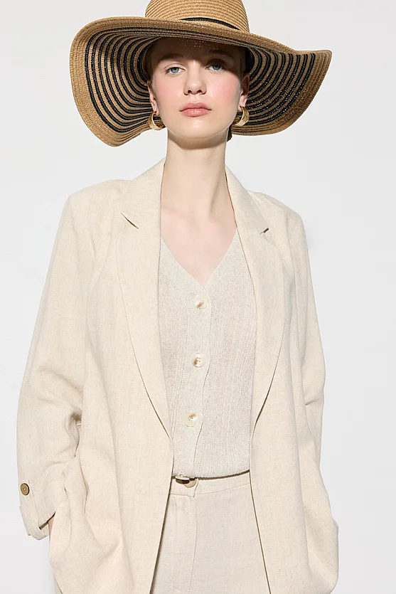 Viskon Keten Rahat Kesim Astarsız Ceket - Bej - Gusto