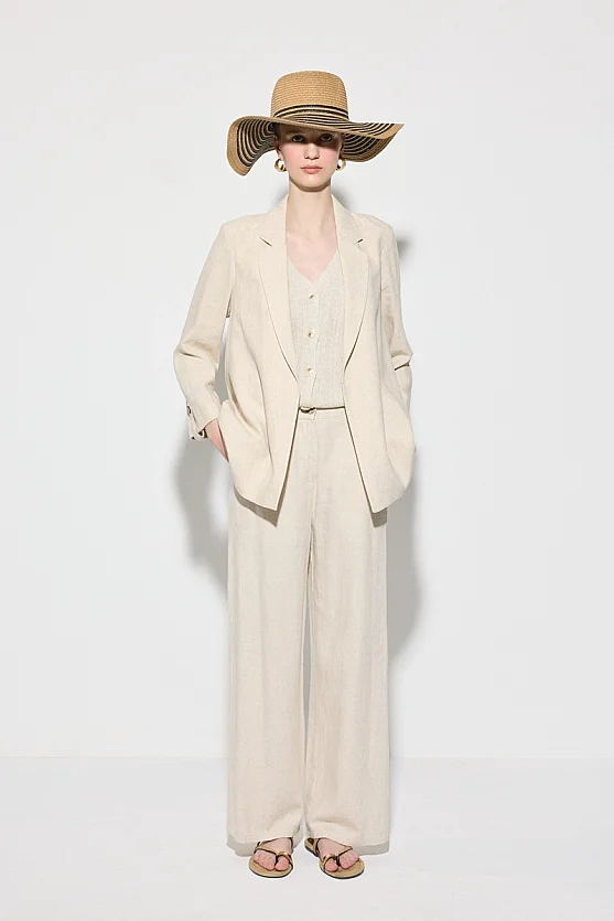 Viskon Keten Rahat Kesim Astarsız Ceket - Bej - Gusto