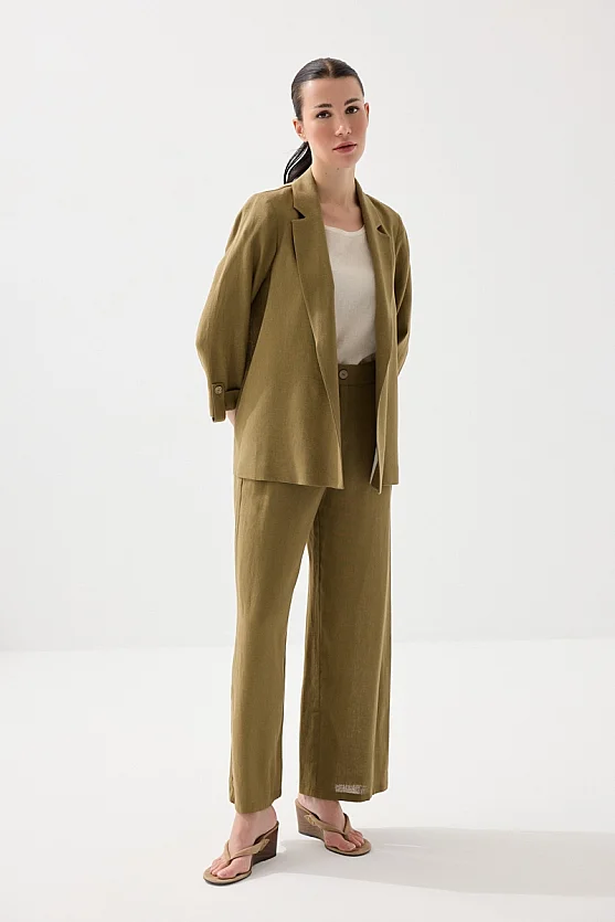 Viskon Keten Rahat Kesim Astarsız Ceket - Haki - Gusto