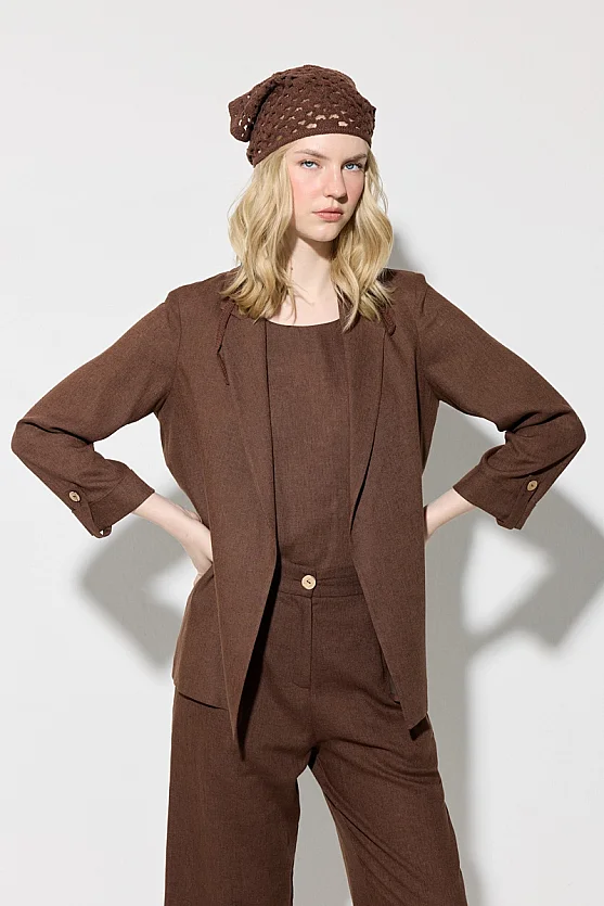 Viskon Keten Rahat Kesim Astarsız Ceket - Kahverengi - Gusto