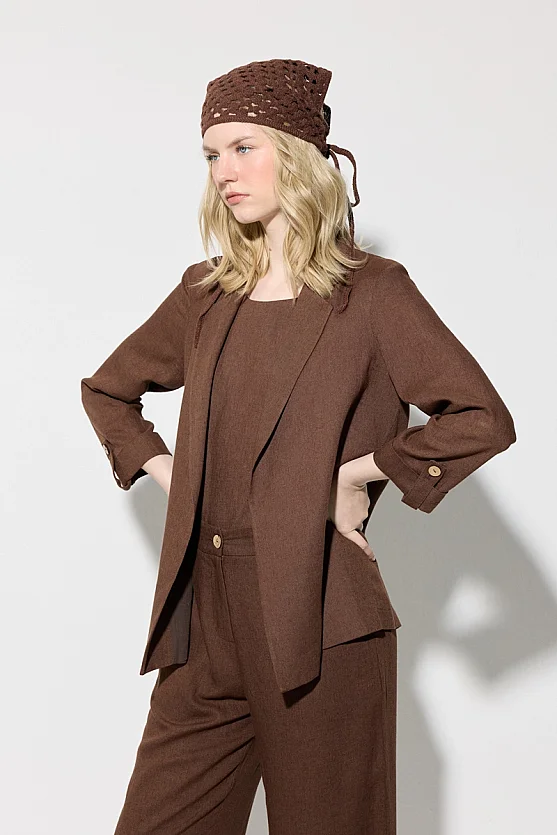 Viskon Keten Rahat Kesim Astarsız Ceket - Kahverengi - Gusto