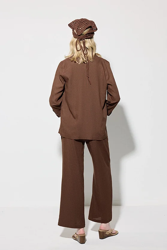 Viskon Keten Rahat Kesim Astarsız Ceket - Kahverengi - Gusto