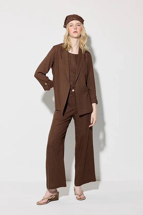 Viskon Keten Rahat Kesim Astarsız Ceket - Kahverengi - Gusto