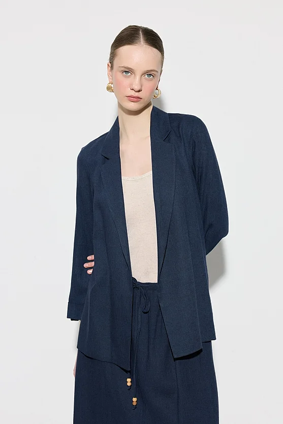 Viskon Keten Rahat Kesim Astarsız Ceket - Lacivert - Gusto