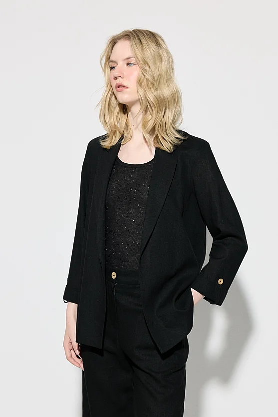 Viskon Keten Rahat Kesim Astarsız Ceket - Siyah - Gusto