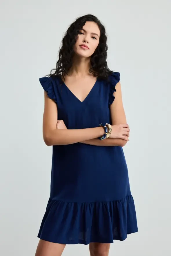 Volanlı Keten Elbise - Lacivert - Gusto