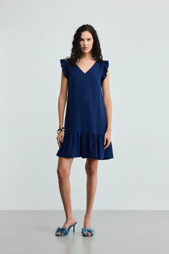 Volanlı Keten Elbise - Lacivert - Gusto