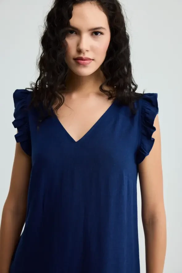 Volanlı Keten Elbise - Lacivert - Gusto