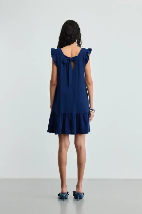 Volanlı Keten Elbise - Lacivert - Gusto