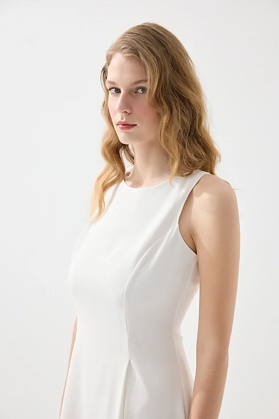 Volanlı Krep Elbise - Beyaz - Gusto