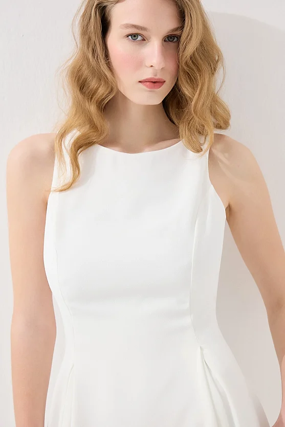 Volanlı Krep Elbise - Beyaz - Gusto