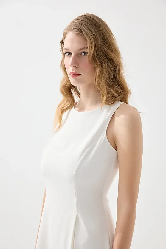 Volanlı Krep Elbise - Beyaz - Gusto