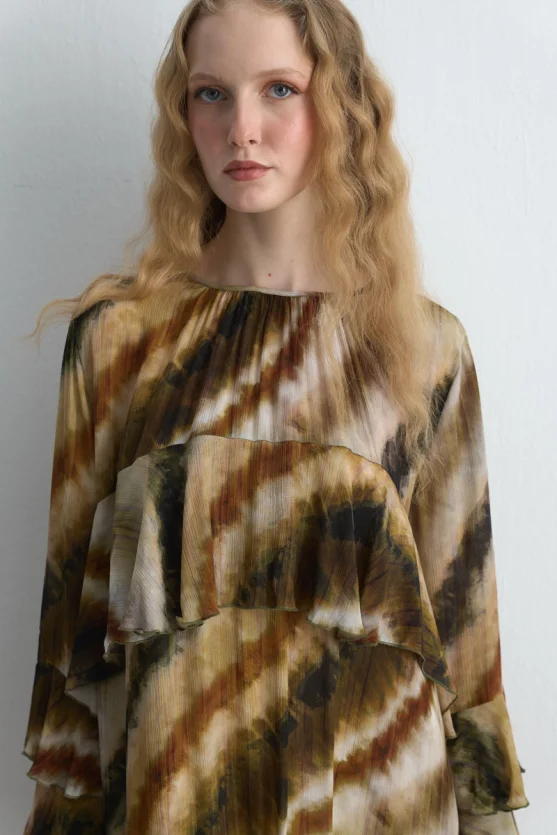 Volanlı Rahat Kesim Kısa Elbise - Bej - 5