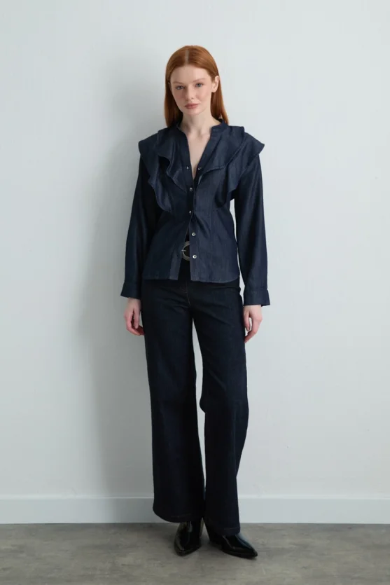 Volanlı Tencel Denim Gömlek - Lacivert - Gusto