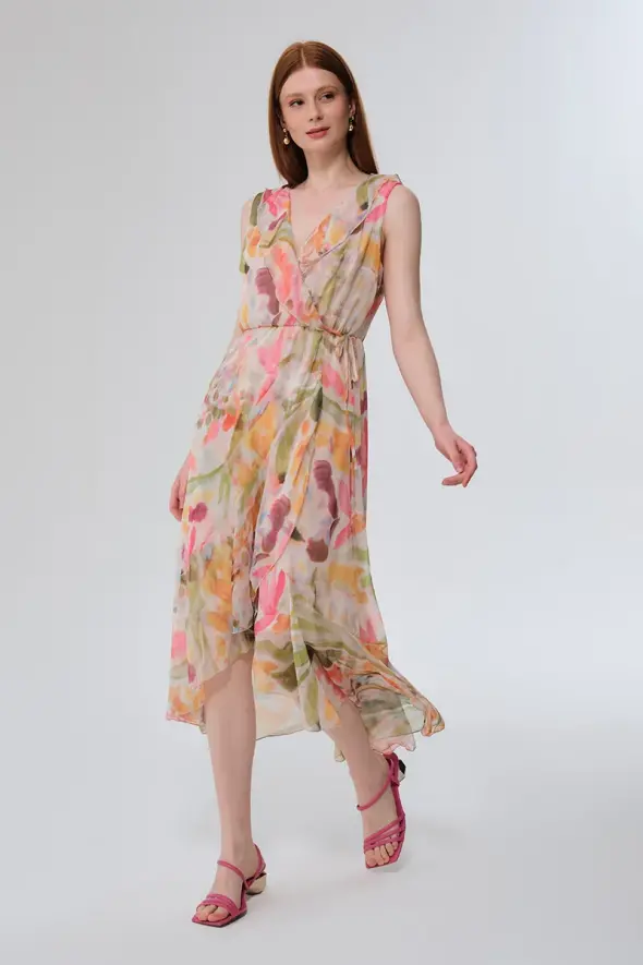 Volanlı Uzun Çiçek Desenli Elbise - Ekru - 1