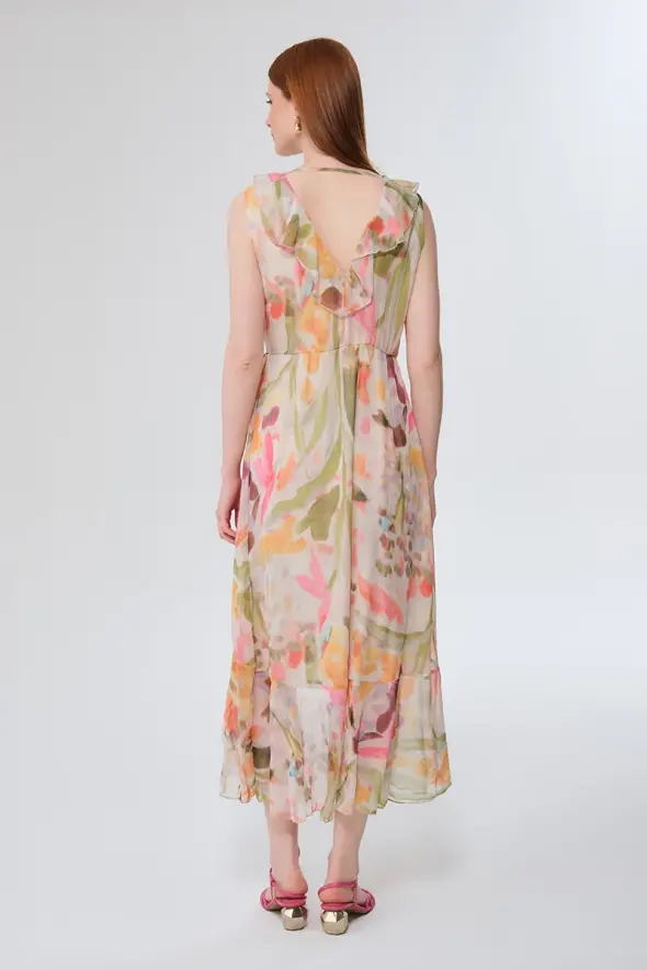 Volanlı Uzun Çiçek Desenli Elbise - Ekru - 6