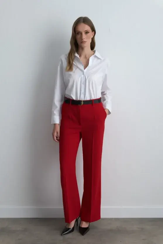 Wide Leg Crepe Pants - Red - 2